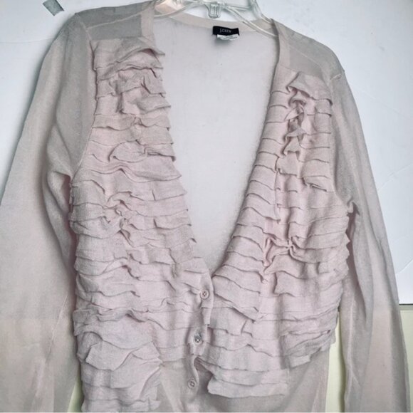 J.Crew Ruffle Cotton Cardigan Sweater Top Lightweight Knit Preppy V Semi Sheer M - Picture 9 of 16